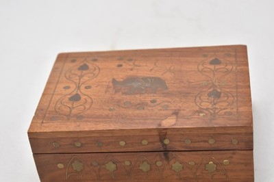 Vintage Indische Sheesham Holz Schmuck / Schmuckschatulle Messing Elefant Intarsien