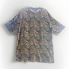 Dressed In Lala Womens Leopard Mock Neck Ribbed OVERSIZED Slit Top Sz S READ