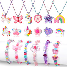 Lorfancy 18 PCS Kids Jewelry for Girls Bracelets Necklaces Rings Set Toddler Uni