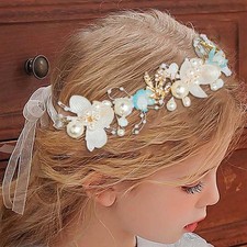 Pearl Flower Girl Headpiece Blue Crystal Wedding Headband Prom Bridal Hair