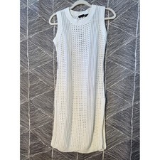 Tahari White Pointelle Knit Sleeveless Midi Dress Viscose Cotton Sz M