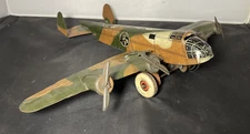 Vintage Marx Tin Litho Wind-up 4 prop Camouflaged Bomber Airplane