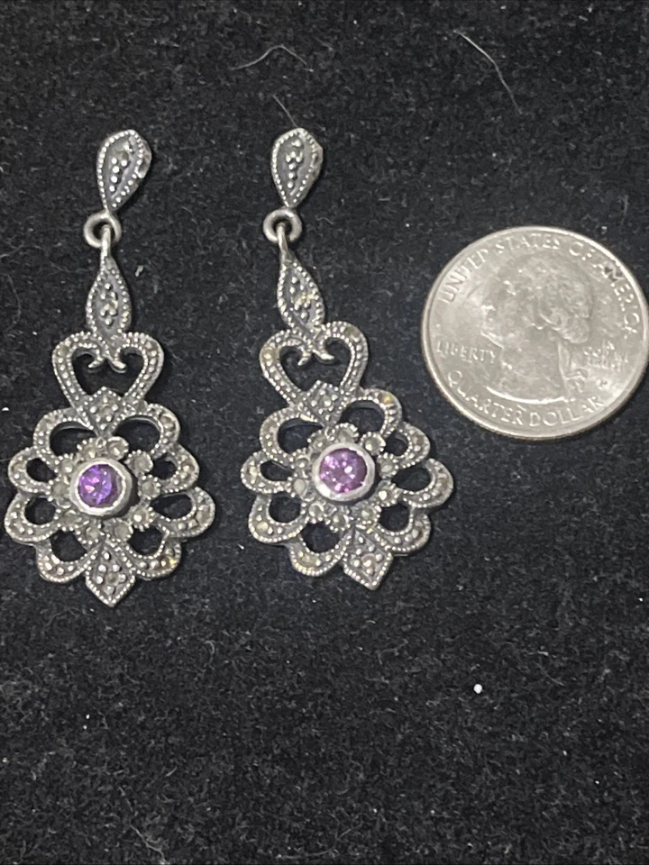 Pendientes vintage de marcasita .925 con piedra morada Foto 2 de 4
