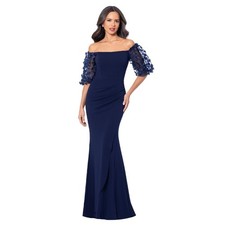 Xscape Women's Evening Gown Off-the-Shoulder Neckline, Puff Sleeves, Navy, 10
