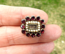 Antique Georgian 9ct Morning Jewelry Brooch Red Amethyst Weaved Hair C Clasp