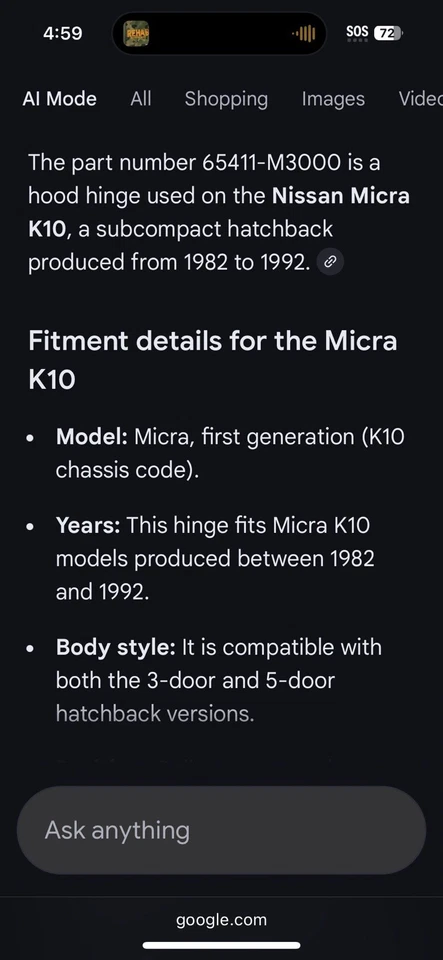 Bisagra de capó vintage nueva genuina OEM Nissan 65411M3000 para Micra K10 1982-1992 Foto 2 de 4