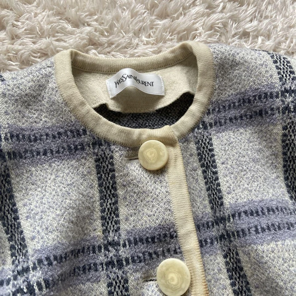 Abrigo tejido a cuadros gris azul Yves Saint Laurent, sin cuello, mediano, largo Foto 2 de 4