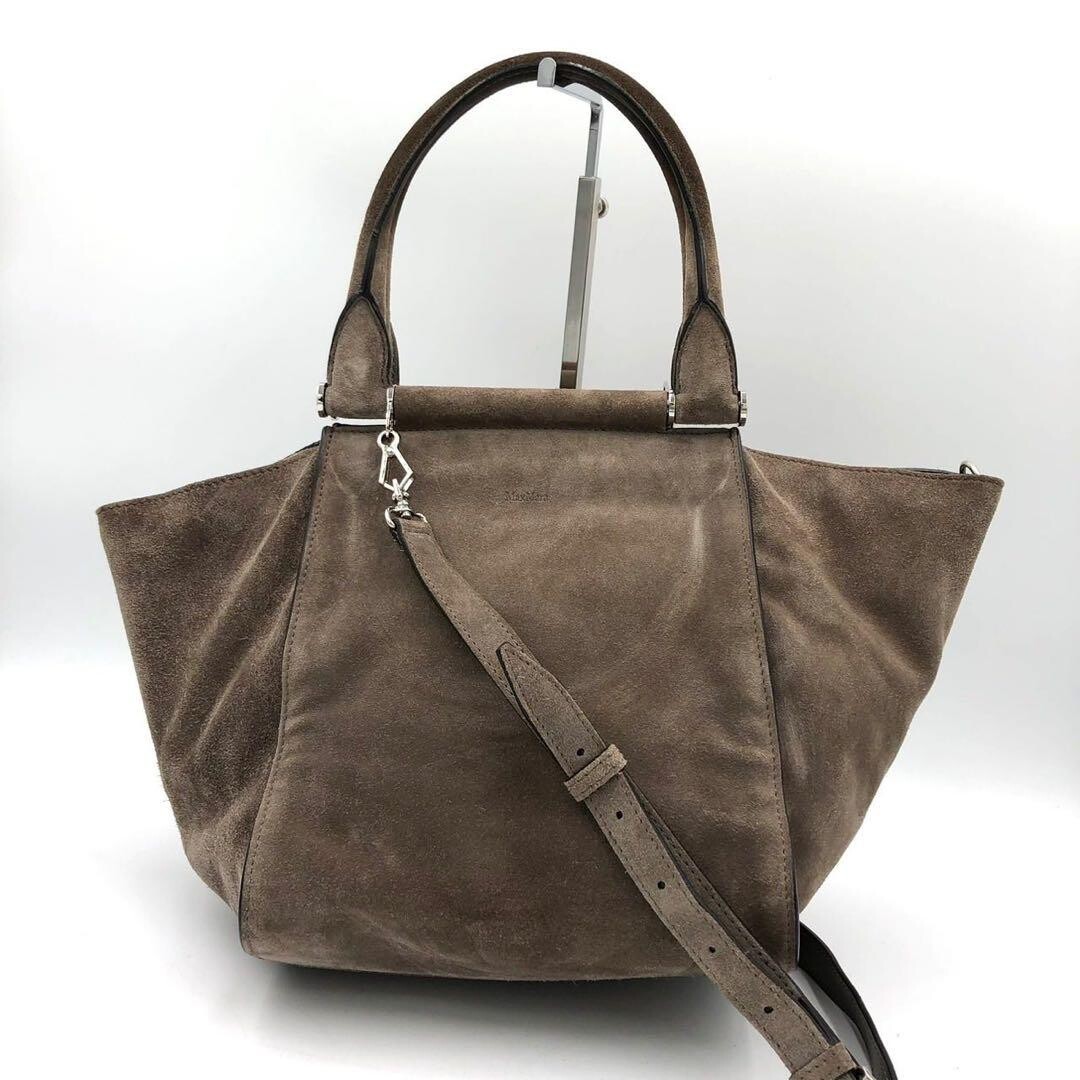 Max Mara 2 Way Shoulder Bag Brown Suede Leather Silver Hardware Large Auth — image 8