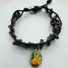 Vintage 90s Religious Saint Therese Charm Bracelet Black Leather Rose Beads