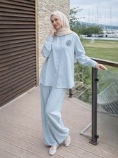 Dubai Kaftan Abaya 2Pc Muslim Women Top Blouse Wide Pants Islamic Casual Outfit
