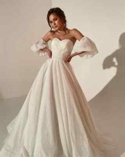 Glitter Wedding Dresses Shiny Sequin Sweetheart Puffy Sleeve A-line Bridal Gowns