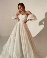 Glitter Wedding Dresses Shiny Sequin Sweetheart Puffy Sleeve A-line Bridal Gowns