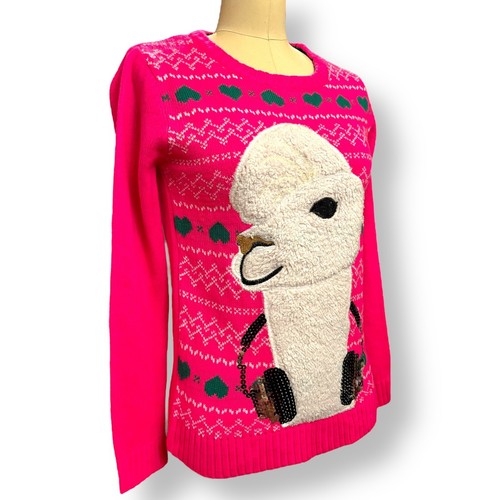 Total Girl Sweater Bright Pink Knit Llama Headphones Bling Hearts Sz XL 16 - Picture 3 of 6