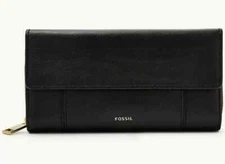 Fossil Jori RFID Flap Clutch Black Leather SWL3009001 Wallet Purse $100 MSRP F
