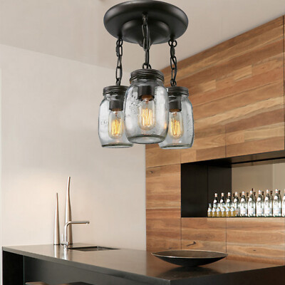 Farmhouse Chandelier Mason Jar Hanging Pendant Loft Light Ceiling Lamp 3-Light!