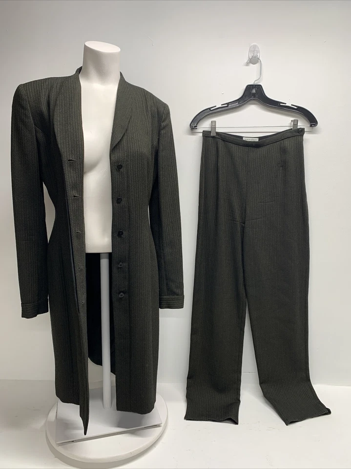 Giorgio Armani Suit Set 2 Two Piece Blazer Jacket Pants Green Striped US Size 6 - Image 2 of 4