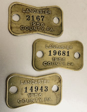 3 Vintage 1956 DOG LICENSE Brass Tags: LANCASTER COUNTY PA; Southern PA