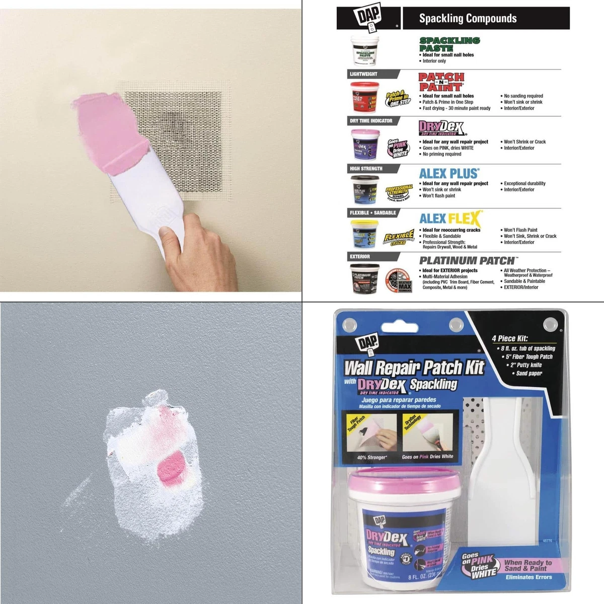 Drydex 8 Oz. Wall Repair Patch Kit, Dap Holes Sealer White Cracks  Indicator L