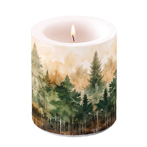 Ambiente Kerze Stumpenkerze Wachswindlicht 10 cm aquarell Wald / evergreen tree