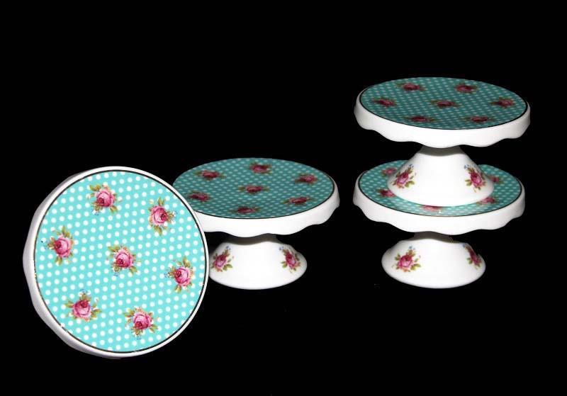 4 Grace's Teaware ROSES Polka Dots Teal Cupcake Pedestal Holders Gold Trim NIB