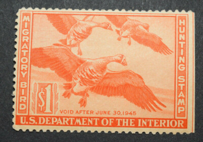 Timbre Fédéral Canard US 1944 Scott #RW11 - 1$ Oies, Rouge-orange, Utilisé