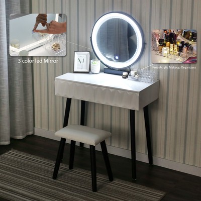 PULUOMIS White Dressing Table with Mirror 3 Drawer Makeup Desk Set with LED Lights & Padded Stool for Bedroom PULUOMIS White Dressing Table with Mirror 3 Drawer Makeup Desk Set with LED Lights & Padded Stool for Bedroom