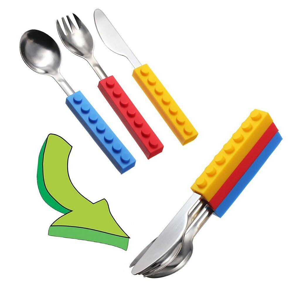 Silicone Building Block Kids Utensil Child Funny Tool Like Spoon Fork Knife  Sets