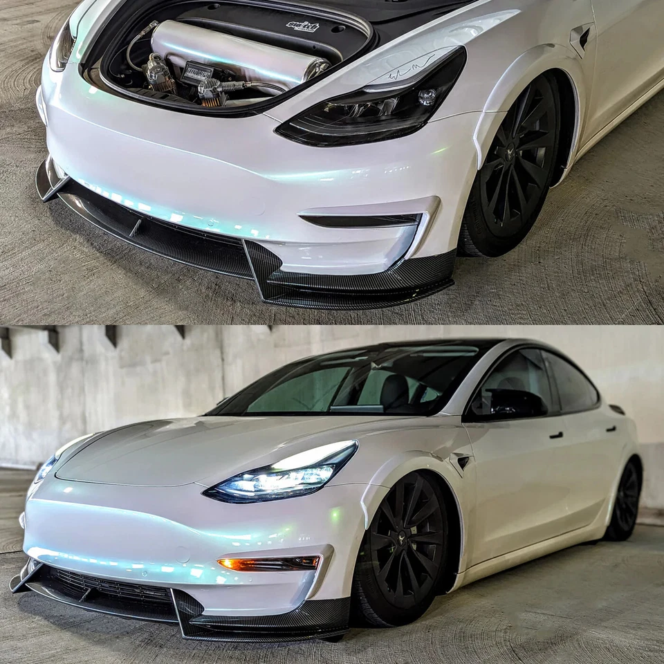 For 2017-2023 Tesla Model 3 Carbon Fiber Front Bumper Lip Spoiler Kit Splitter Foto 4 de 4