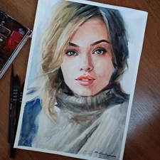 Original watercolor painting. Beautiful girl portrait. Minimalist  illustration