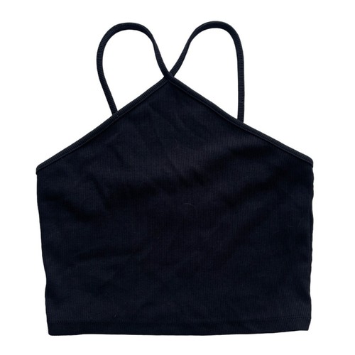 Top corto Zara para mujer grande L LG negro acanalado algodón elastano correa espagueti - Imagen 8 de 14