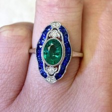 Art Deco Oval Emerald  Sapphire Lab Created Diamond Engagement 925 Silver Ring
