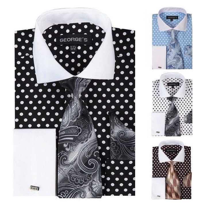 Men's Polka Dot French Cuff Cotton Dress Shirt w/ Tie & Hanky Set