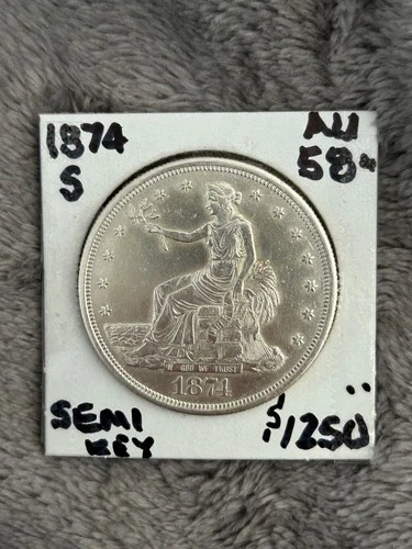 Semi-Key 1874-S TRADE DOLLAR. Looks AU++/UNC with subdued luster.