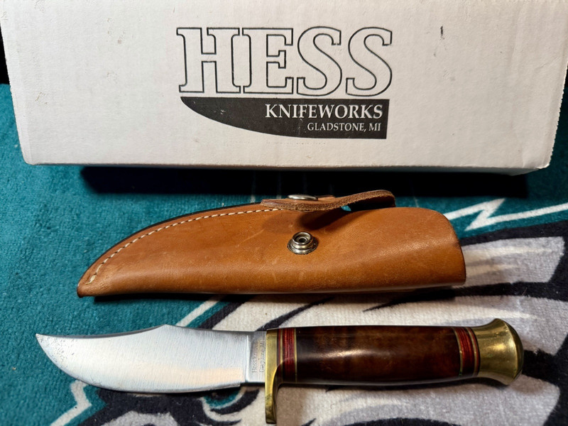 🔥Hess Fixed Blade Hunting Knife Stainless Clip Point 3.5-4in Wood Sheath 1984🔥