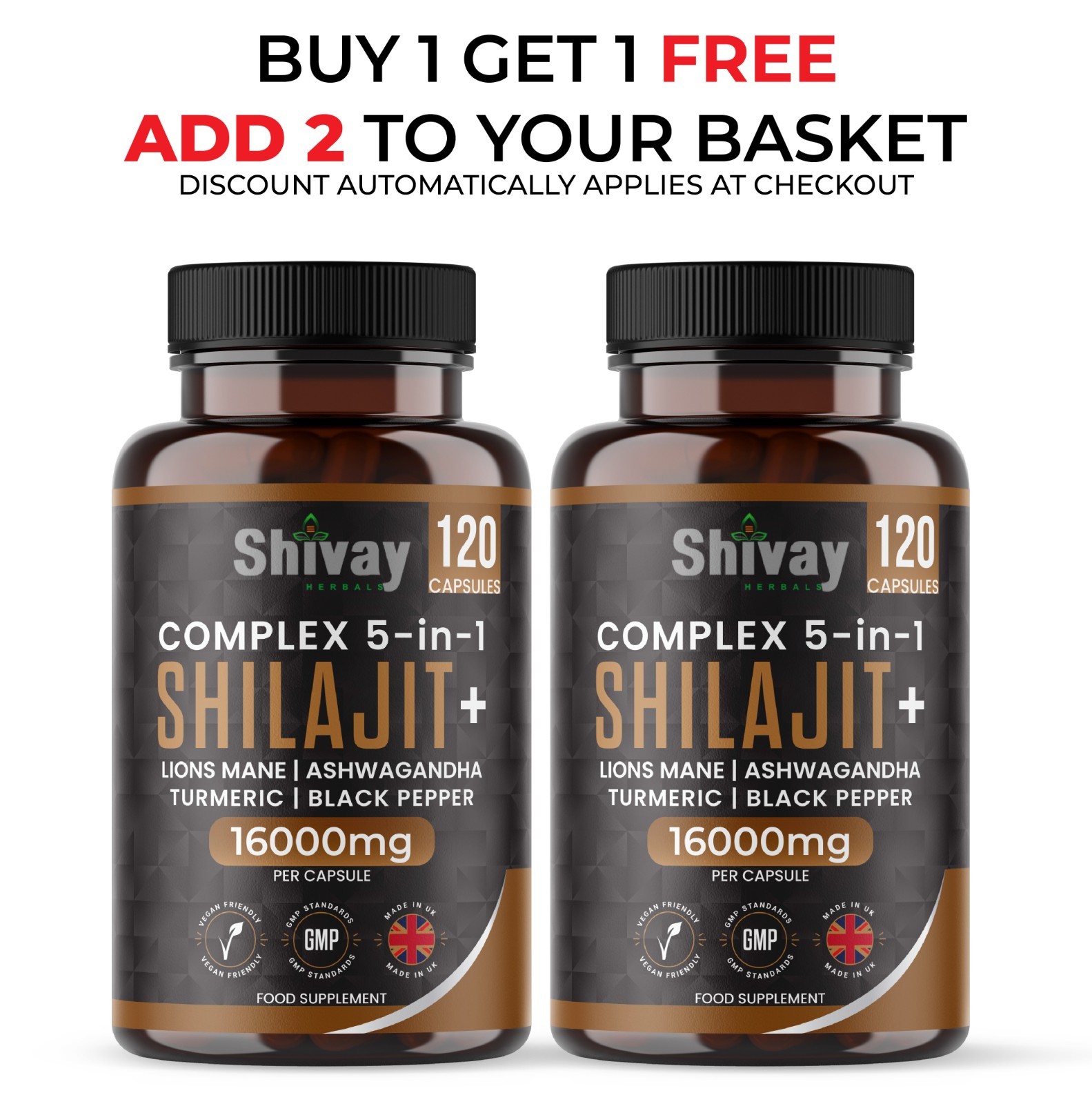 Shilajit 16000mg with Ashwagandha, Lions Mane, Turmeric, Pepper - 120 Vegan Caps