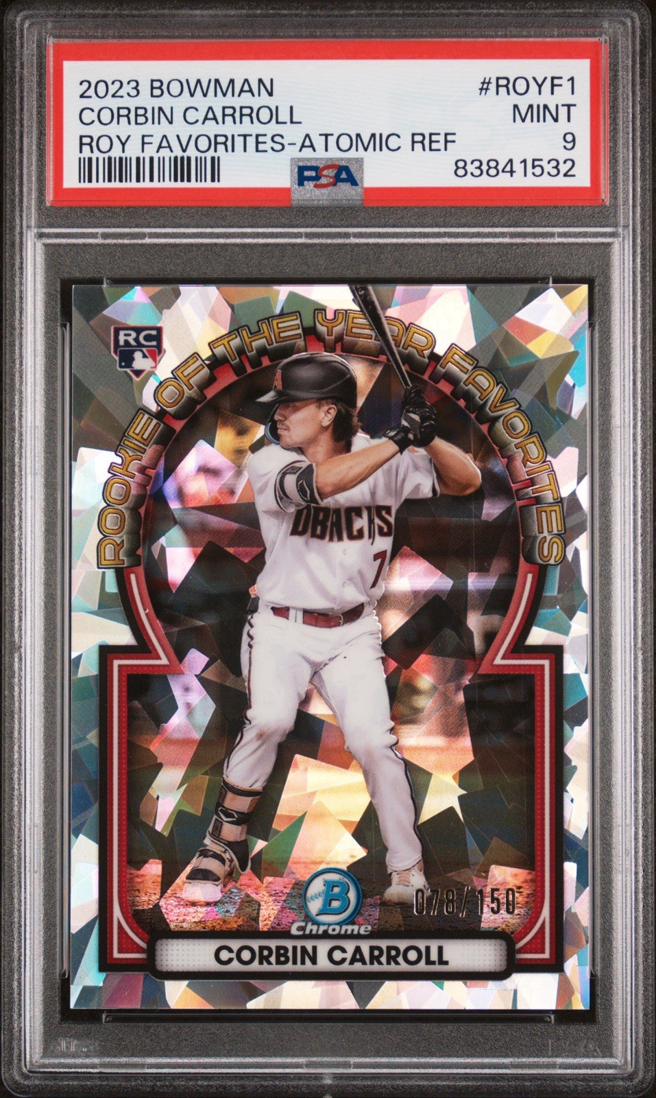 2023 Bowman Chrome ROY Fav Atomic REF #ROYF1 Corbin Carroll RC PSA 9 MINT 78/150