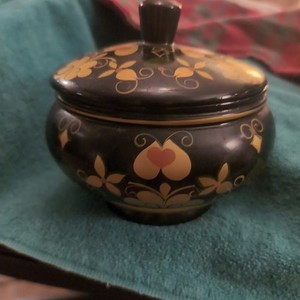 VTG KHOKHLOMA HAND PAINTED WOODEN POT LID  Russian Folk Art 1970s Footed FLOWER