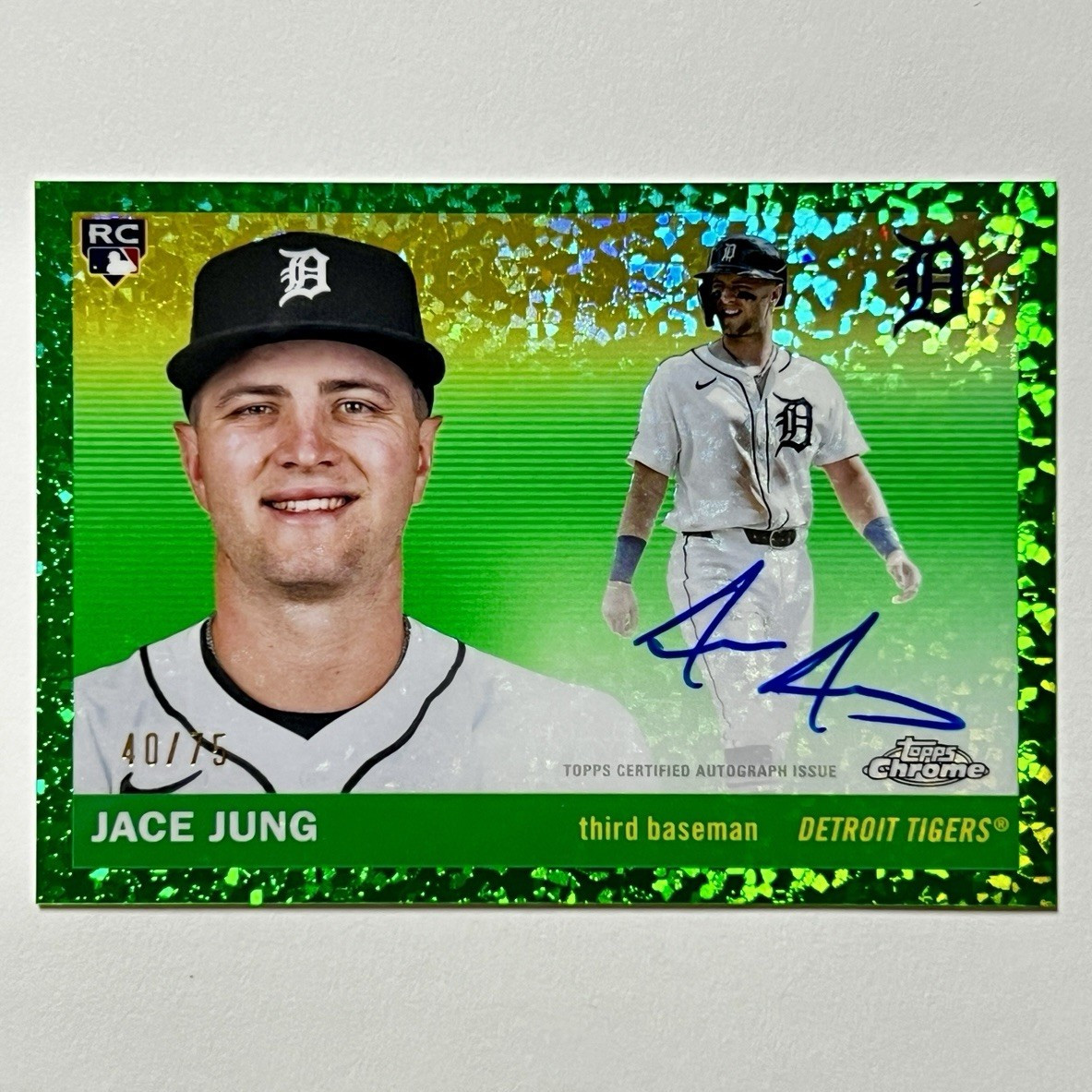 2025 Topps Chrome Platinum Jace Jung RC Auto Green Shimmer Refractor /75 CPA-JJ