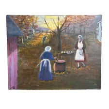 Vintage Oil On Canvas Painting Folk Art Primitive Apple Butter 90s Signed FLM