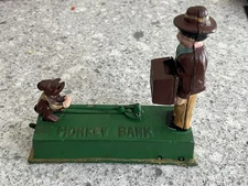 Vintage Repro Cast Iron Monkey & Organ Grinder Mechanical Bank-Works Perfect