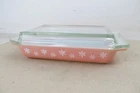 Vintage JAJ Pyrex Pink Snowflake Gaiety Space saver Casserole Dish with lid