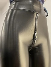 High-Waisted Pants with Zipper Closure, PU Stretchy Leggings, Casual, Elegant