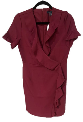 French Connection Women's Short Sleeve Dark Red V Neck Ruffled Dress Size 8 NWT