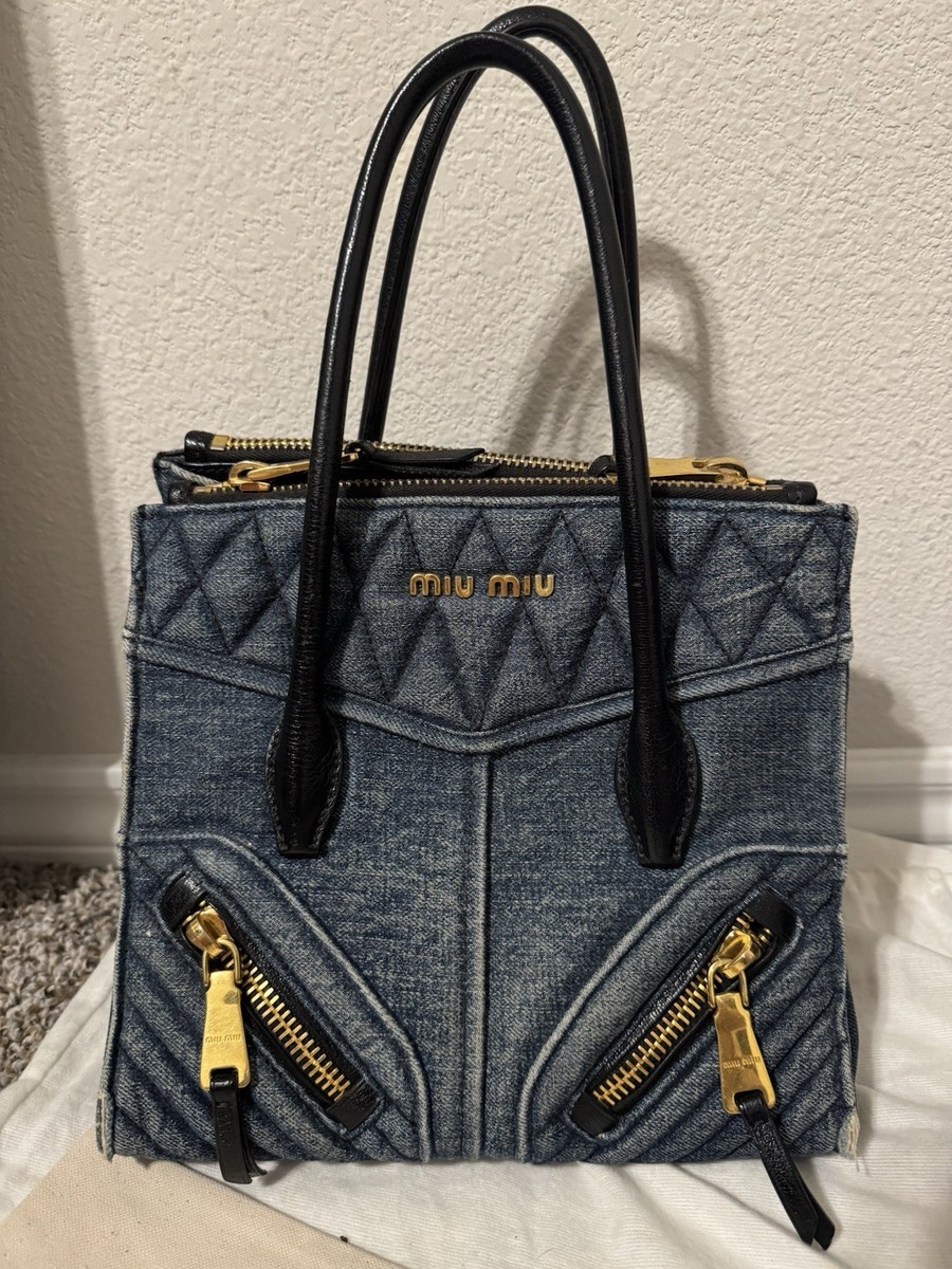 Miu Miu Denim Blue Top Handle Bag Quilted Gold Hardware Zipper