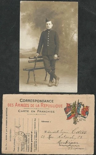 WW1- FRENCH SOLDIER STUDIO PHOTO AND MILITARY CARD 1915