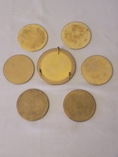 Vtg Brass Tone Coaster Set Of 6 Embossed Design W/ Holder Hong Kong Vinyl Back