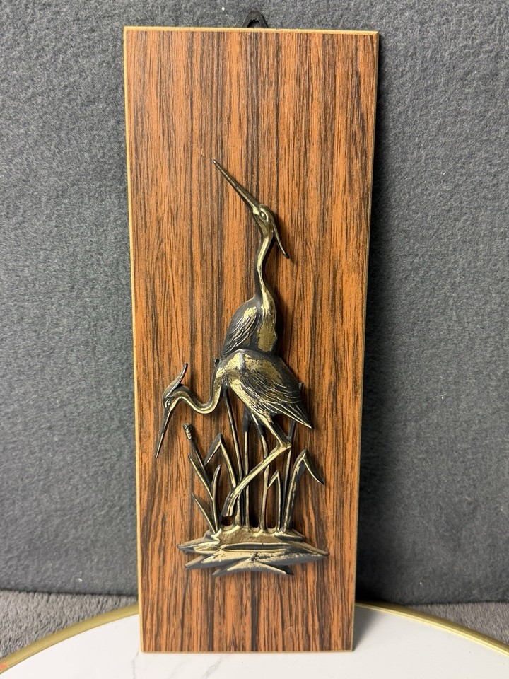 Vintage Metal Egrets Wood Panel Wall Art Mid Century Modern Gold Black Bird Sign