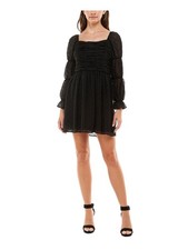 CRYSTAL DOLLS Womens Sheer Long Sleeve Square Neck Short Party Shift Dress