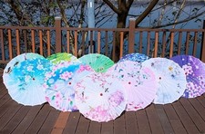 Traditional Chinese Parasol Umbrella Vintage Floral Waterproof Fabric Wood Shaft