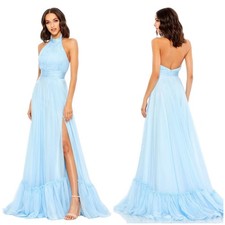 Mac Duggal NWT High Neck Tiered Chiffon Halter Gown Sky Blue Size 2 Side Slit